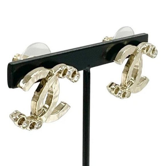 CHANEL CC Logos Rhinestone Stud Earrings Gold Tone A22P Auth w/Box - Picture 2 of 9